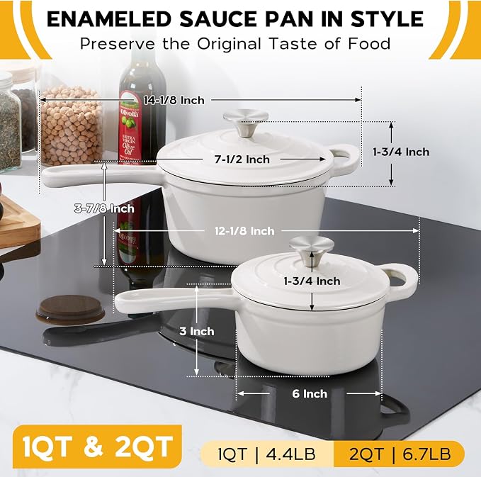 Onader 1QT & 2QT Saucepan Set with Lid, Enameled Cast Iron Small Pot Sets for Cooking, Nonstick Enameled Sauce Pan Dutch Oven, Induction Compatible, Heavy Duty – White
