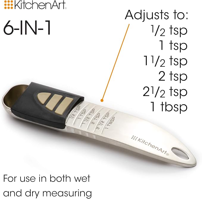KitchenArt Professional Series Tablespoon, Champagne Satin Measuring Spoon, Adjustable from 1/2 Teaspoon to 1 Tablespoon, White & Black | Adjustable from 1/2 Teaspoon to 1 Tablespoon | Baking & Cooking Gadget | Easy To Read Increments | Adjustable Tabl...