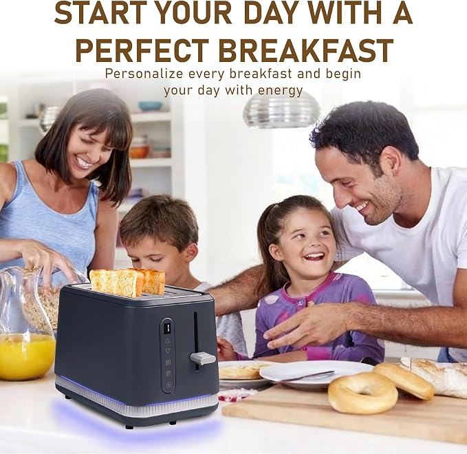 Stainless Steel Toaster 2 Slices, Toasters Wide Slot, Bread Toaster with Cancel, Reheat, Defrost Function, Bagel Toasters with Removable Tray & 6 Temperature Settings, LED Display, Grey