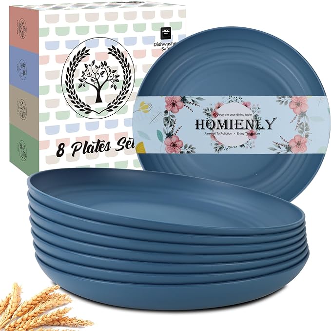 Unbreakable 8 Pcs Deep Dinner Plates Reusable Plastic Wheat Straw Plates Set Lightweight Kitchen Plates for Salad, Lunch, Dessert, Microwave & Dishwasher Safe Plates for Camping (Blue, 9 In)
