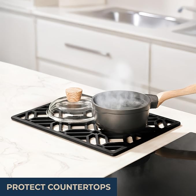 GASARÉ, Extra Large, Thick, Silicone Trivet for Hot Dishes, Pots, and Pans, Heat Resistant Mat for Countertop, Hot Pad for Kitchen, Easy to Clean, 16 x 12 x 3/8 Inches, (Black, Geometric)