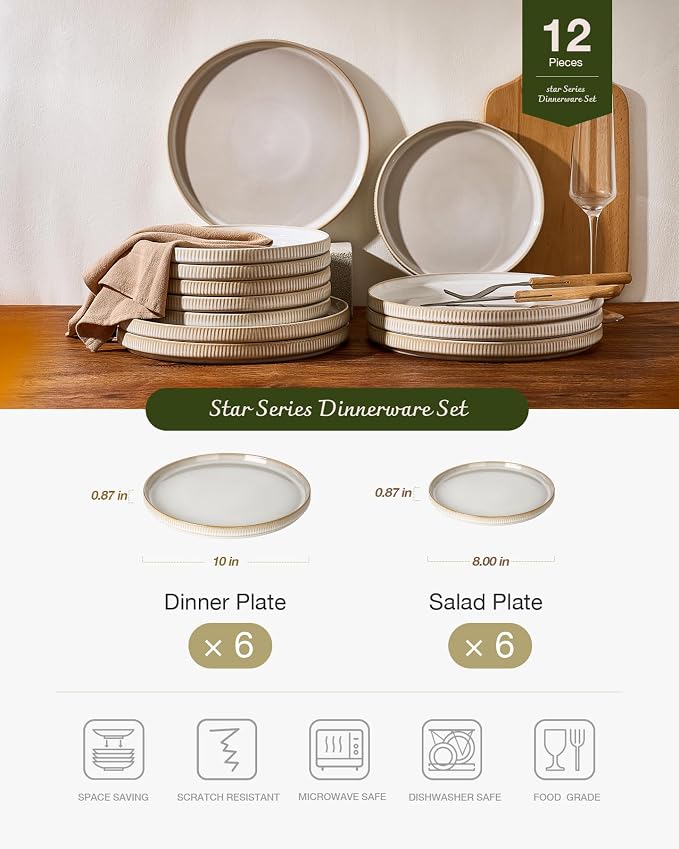 Famiware Star 12pc Stoneware Dinnerware Sets for 6-10.5" & 8" Flat Plates | Ceramic Dishes with Llipped Edges, Chip & Scratch Resistant, Microwave & Dishwasher Safe, Everyday Dining, Cappuccino White