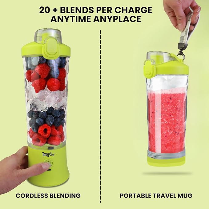 Total Chef Portable Blender - For Smoothies & Protein Shakes, USB Rechargeable Cordless Mini Travel Mixer, Personal Juicer, Ice Crusher, Blender Bottle for Home & Kitchen, 20oz, Neon Green