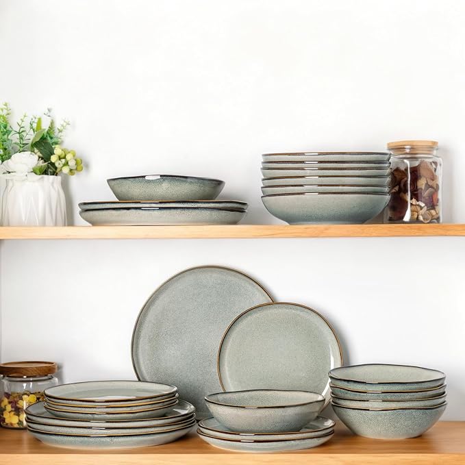 AmorArc Ceramic Dinnerware Sets for 4, 12Pcs Plates and Bowls Sets Dishes | Stoneware Handmade Reactive Glaze Dinner Set, Highly Scratch Resistant | Dishwasher & Microwave Safe Dishware