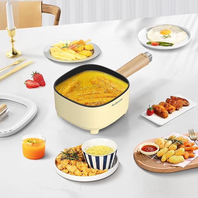 Audecook 2L Electric Hot Pot, Non-Stick Ramen Cooker with Cooking Rack | Dual Power Control Electric Pot For Cooking Steak, Egg, Ramen, Oatmeal & Soup | Portable Pot for Dorm, RV, Travel & Camping