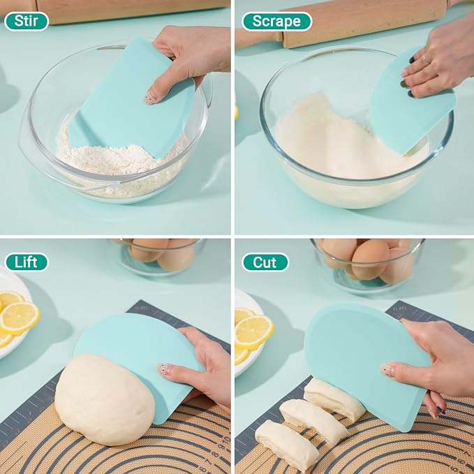 Silicone Dough Scraper with Metal Core Flexible Bowl Scraper Bread Baking | With Stainless Steel Sheet, Curved Edge Food Grade Silicone Bench Scraper for Sourdough Bread, 2PCS, Blue & Mint Green, SAPID