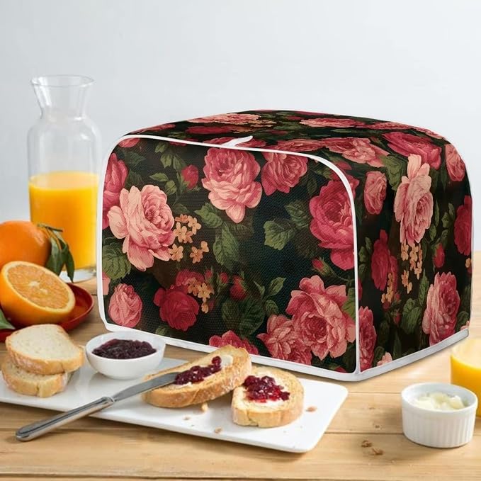 Flower Peony Toaster Cover - 2 Slide Wide Slot Small Appliance Decoration Accessory, Dustproof Bakeware Cover, Red