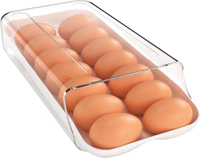 theaoo Egg Holder for Fridge, Automatic Rolling Egg Container, White, 1Pack | Quick Removable Inner Tray For Easy Egg Loading. Stackable Egg Dispenser For Refrigerator Storage And Organization