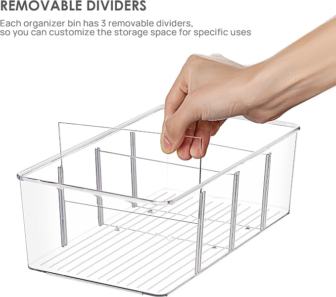 Vtopmart 6 Pack Food Storage Organizer Bins, Clear Plastic, 4 Compartments | For Pantry, Kitchen, Fridge and Cabinet Organization, Organize Food Packets, Snacks, Pouches and Spice Packets