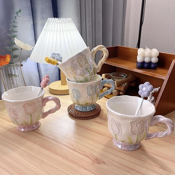DTIUYIOP-Ceramic Coffee Mug 14oz/410ml Blue Cute Flower with Spoon | a funky coffee mug, Novelty Cute Ceramic,Lead-Free Gloss Glazed,DrinkingCup, Ideal Gift for Birthday Holiday