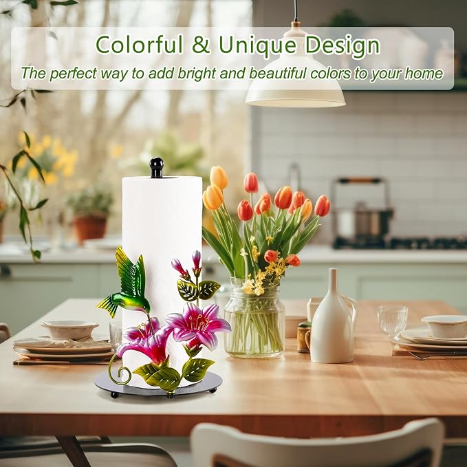 Flower & Hummingbird Paper Towel Holder Countertop for Kitchen | Decorative Farmhouse Kitchen Accessory, Hummingbird Housewarming Gifts for Women Mom bird lovers, Handmade with Weighted Base