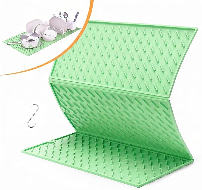 Green Silicone Dish Drying Mat for Kitchen Counter, Collapsible Trifold Large Dish Drainer Mat, Drying Mat with Hook, 24x16In Non-Slip Silicone Sink Mat, Easy to Clean