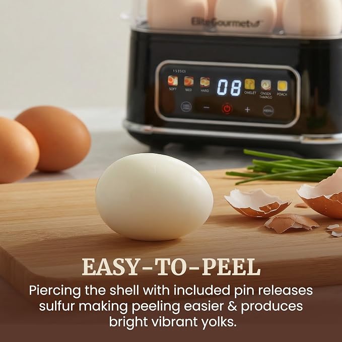Elite Gourmet Digital Egg Cooker, 6-Egg, Onsen Tamago, Black | One-touch menu cooks soft, medium, or hard-boiled eggs plus poached eggs and omelets - audible alert on/off - auto shut-off