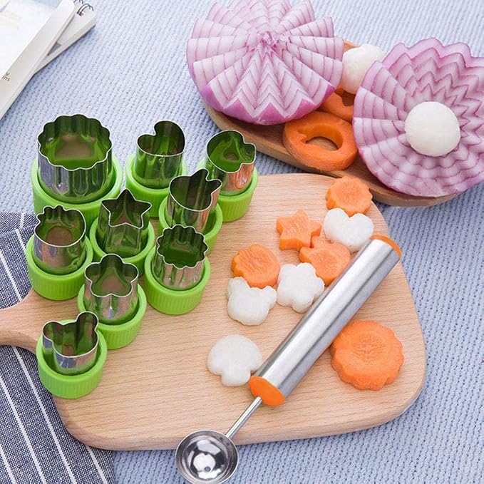 Cookie Cutter Sets for Kids, LetGoShop 12 Shapes Biscuit Cutters Baking Mold with Safty Handle and 10 Cartoon Food Fork, Stainless Steel Mini Vegetables and Fruits Cutters for Kids Lunch