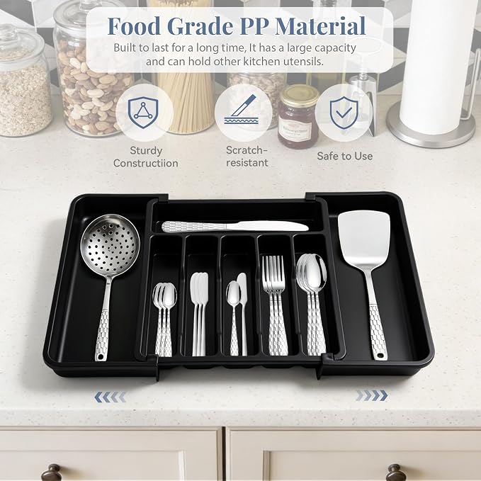 30 Pieces Silverware Set with Organizer, Silvery Stainless Steel Cutlery Set Flatware Set for 6 Person, Tableware Set Includes Knives Forks Spoons Teaspoons Butter Knives (Silvery-30PCS)