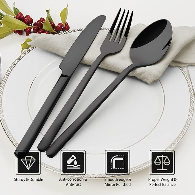 Black Silverware Set, 30 Piece Flatware Set for 6, 18/10 Stainless steel Cutlery Set for Home Kitchen and Restaurant