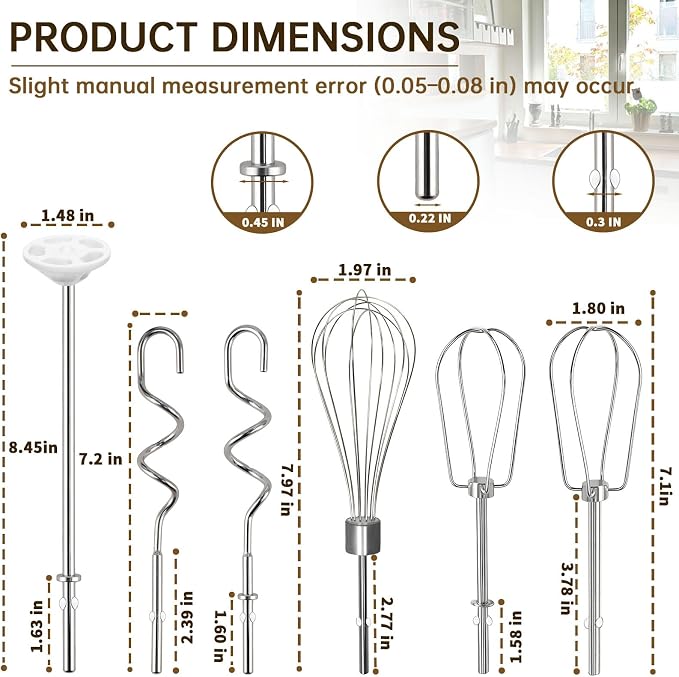 Hand Mixer Beaters Attachments Replacement for KitchenAid KHM Series | Stainless Steel Turbo Beater, Pro Whisk, Dough Hooks & Blending Rod Parts for KHM512 KHM926 KHM7210 KHM6118 (Style C, 6 Pack)