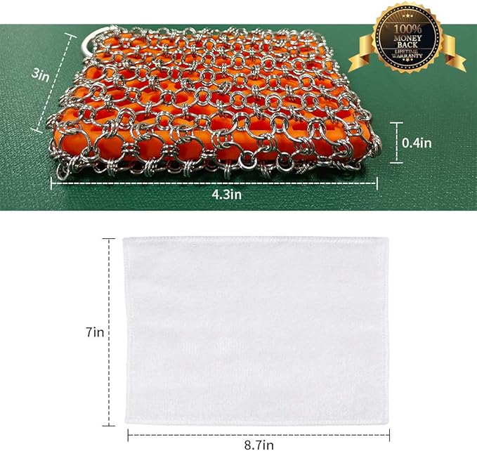 Herda 316L Cast Iron Scrubber Cleaner, Large Chainmail Cast Iron Cleaner | Honeycomb Silicone Insert,Flexible,Stainless Steel Chain Mail Metal Sponge Scrub Skillets,Oven,Flat Top,Grill Pan Pot Brush