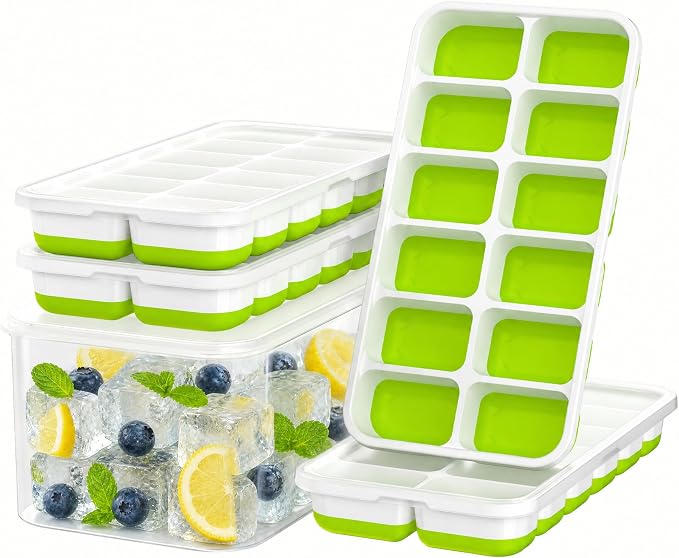 Ice Cube Tray with Lid and Bin - 4 Pack Molds Space-Saving Ice Bucket Kit | Stackable Silicone Trays for Freezer, for Whiskey, Cocktails, Coffee, Juice, Soda, Kitchen & RV