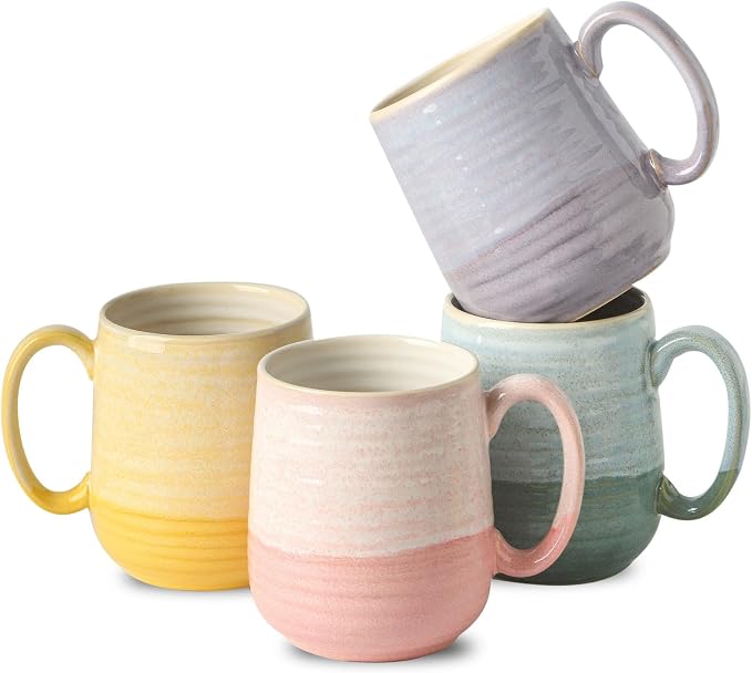 HASENSE Coffee Mugs Set of 4, 15 oz Large Ceramic Cups with Handle for Women Men, Milk, Soup, Tea Cup Set for Latte,Cappuccino, Microwave & Dishwasher Safe for Home Office（Colorful）