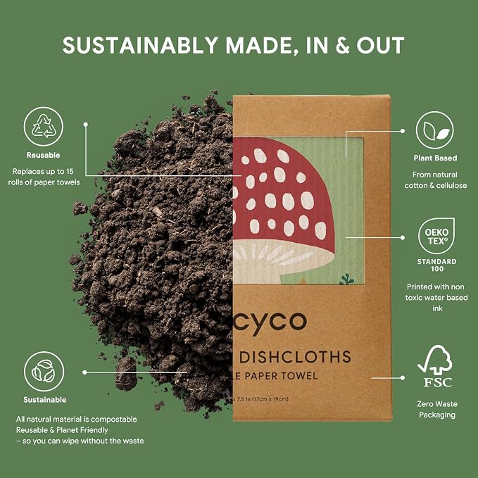 RECYCO Swedish Dishcloths for Kitchen | 6 Packs Forest Mushroom Washable Dish Rags | Cellulose Reusable Cleaning Paper Towels | Absorbent Counter Dish Cloth Sponge Kitchen Wipes, 8" L x 7" W
