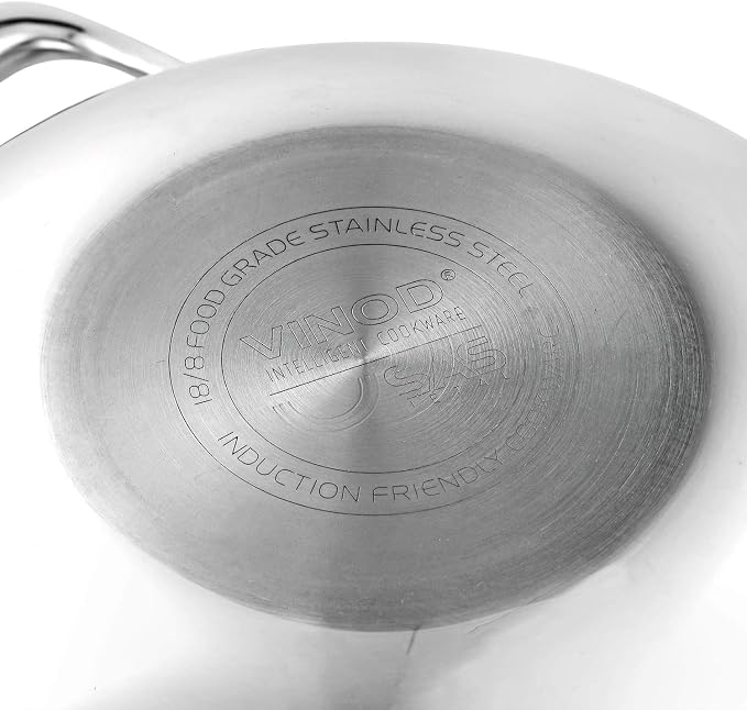 Vinod Platinum Triply Kadai with Lid, Extra Deep, 20cm, for Home Kitchen | Induction And Electric Friendly Stainless Steel Wok; Suited For Indian Sauces, Stews And Soups