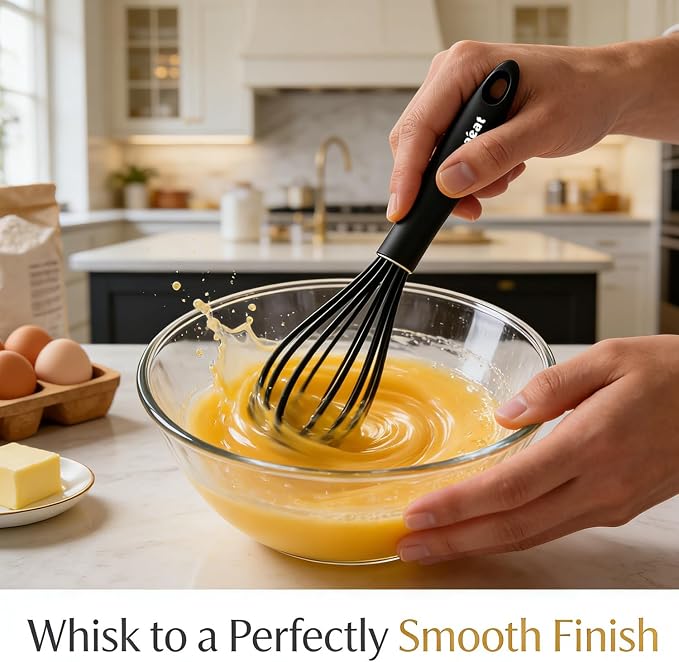 Anaeat 9" Silicone Balloon Whisk, Perfect for Non-Stick Cookware, Milk and Egg Beater Blender, Heat Resistant Kitchen Whisks for Whisking, Cooking, Baking, Beating, Frothing & Stirring (Black)