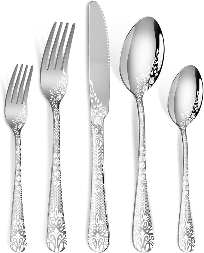 40 Piece Silverware Set, Stainless Steel Flatware Cutlery Set Service for 8, Mirror Polished Tableware Eating Utensils Set for Home Kitchen, Include Knife Fork Spoon Set, Dishwasher Safe
