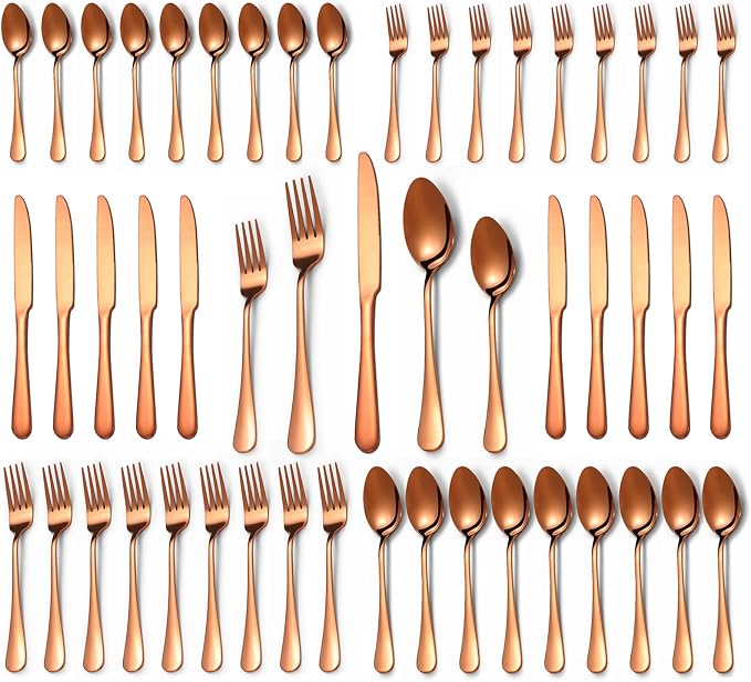 50 Pcs Rose Gold Silverware Set for 10, Food Grade Stainless Steel Flatware Set, Eating Utensils Sets Include Fork/Knife/Spoon, Reusable Cutlery Set for Home Kitchen, Dishwasher Safe, Round Edge