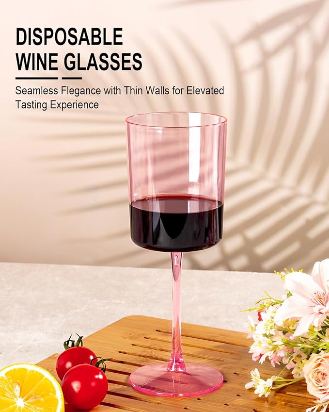 Ciaell 12 Pack Pink Plastic Wine Glasses for Weddings Outdoor Gatherings | 10 oz Pink Stemmed Cups, Heavy Duty Plastic, Wine Champagne Cocktails Mimosas for Parties Birthdays Bars