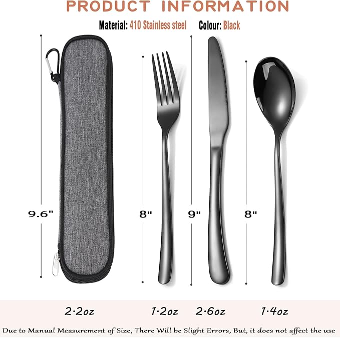 MURRI&MURRDI Travel Stainless Steel Cutlery Set for 1, Reusable Flatware Set with Case,Camping Silverware Set for Work, Knife Fork Spoon Utensil Set 3 Piece, Black