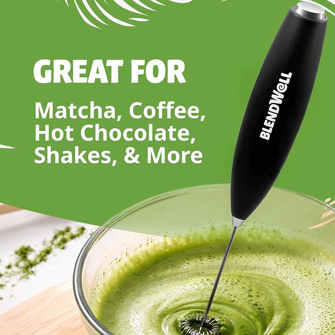BlendWell Electric Milk Frother for Matcha and Coffee, Handheld Battery Operated Drink Mixer with Stand, Stainless Steel Whisk, Black