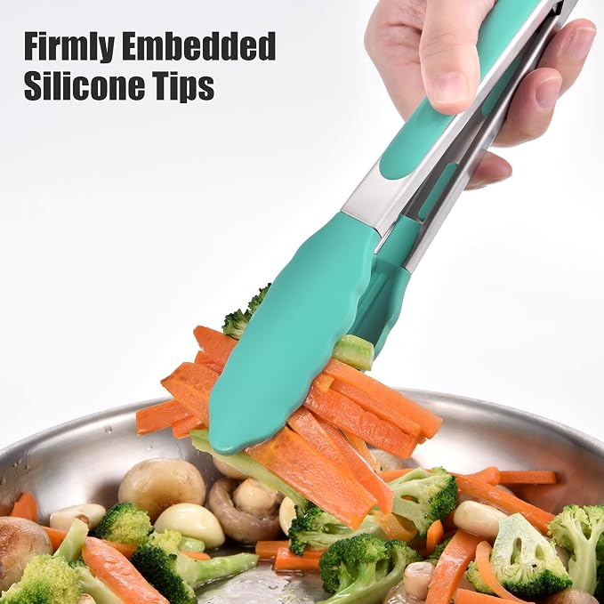 Doosu Kitchen Tongs with Silicone Tips for Cooking Serving (3Pcs, Aqua Sky) | 600°F Heat Resistant Food Tong, Heavy Duty Stainless Steel Locking Tong for BBQ, Grilling Steak, Salad, Toast, Pasta