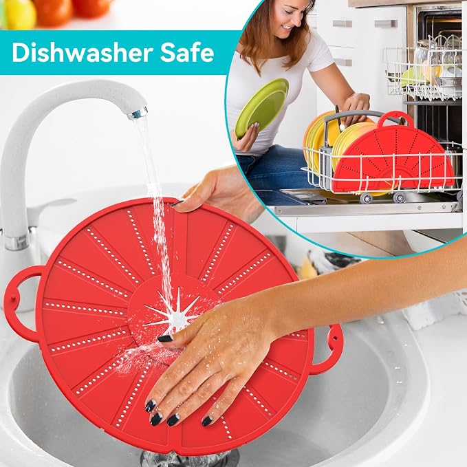 Foldable Silicone Splatter Screen for 10-13'' Pans with Handle,Red| Foldable Splash Guard, Multi-Use Grease Splatter Guard/Trivet Mat,Non-Stick Oil Splatter Guard,BPA-Free,Dishwasher Safe
