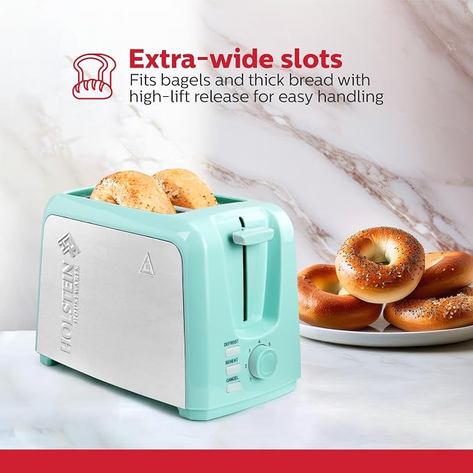 Holstein Housewares 2-Slice Toaster with 7 Browning Settings, Extra-Wide Slots, Reheat, Defrost, Cancel, High-Lift Release, Removable Crumb Tray – Compact Stainless Steel, Mint