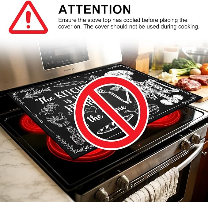 Skeleton Stove Top Cover for Electric Stove, 28x20 In, Glass Mat | Non-slip washable cooktop protector; doubles as dish drying mat, counter, food prep, ironing pad; gothic skull kitchen decor