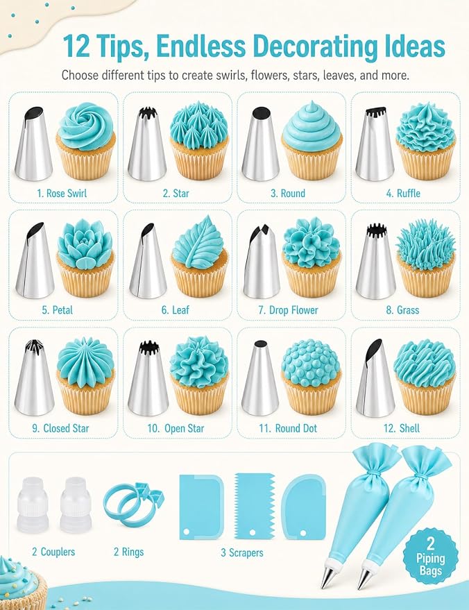Reusable Piping Bags and Tips Set, 21-Piece Cake and Cupcake Decorating Kit | Reusable piping bags pair with 12 icing tips, couplers and scrapers for precise frosting and easy cake or cupcake decorating.