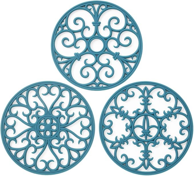 Silicone Trivet Mat - Non-Slip & Heat Resistant Kitchen Hot Pads for Countertops & Table - Kitchen Trivets for Hot Dishes & Cookware - Hot Pot Holder for Pots & Pans - Teal,Set of 3