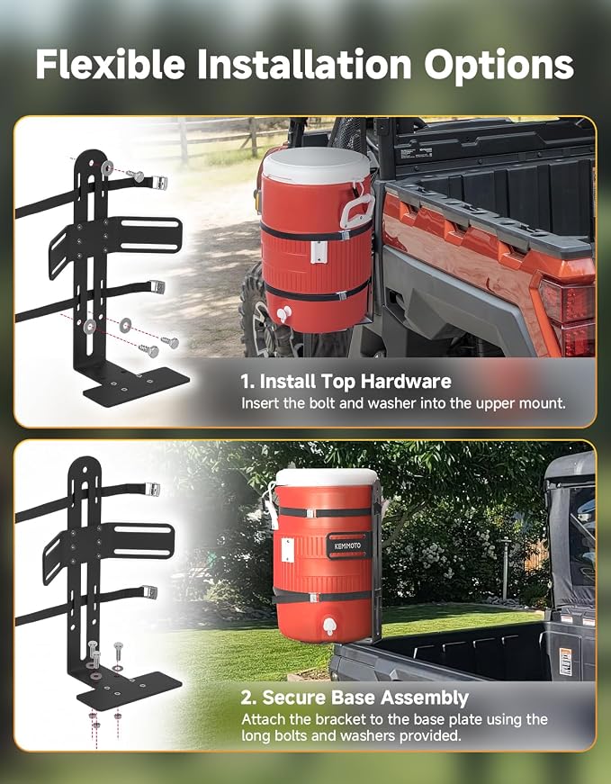 KEMIMOTO 5-Gallon Water Cooler Holder, Steel Trailer Rack (Holder Only) | Steel Bucket Holder Compatible with Trailers, Trucks, UTVs, Mowers, RVs; for Landscaping, Worksites, Travel and Camping Use
