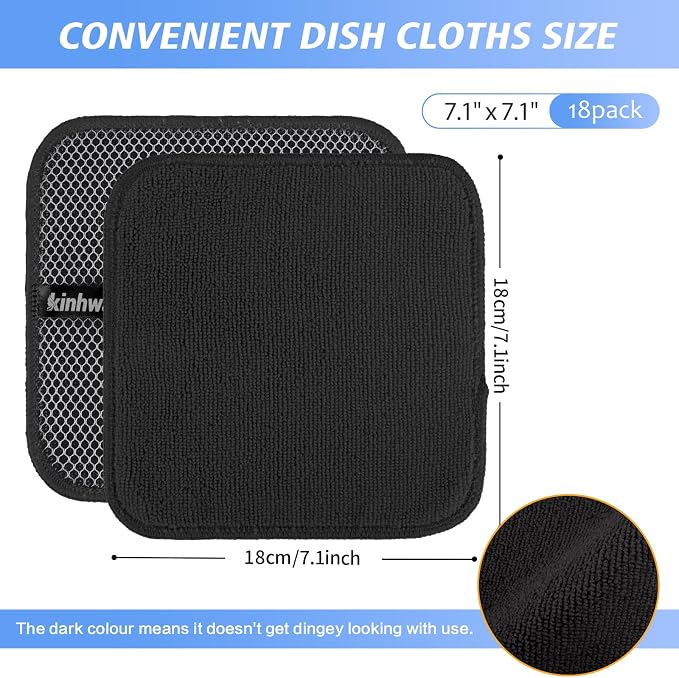 Dish Cloths for Washing Dishes with Scrub Side, Microfiber Dish Rags | Dual-sided microfiber dish cloths with scrubber for stuck-on food, quick dry kitchen washcloths 18 Pack, 7" x 7 Inch Black