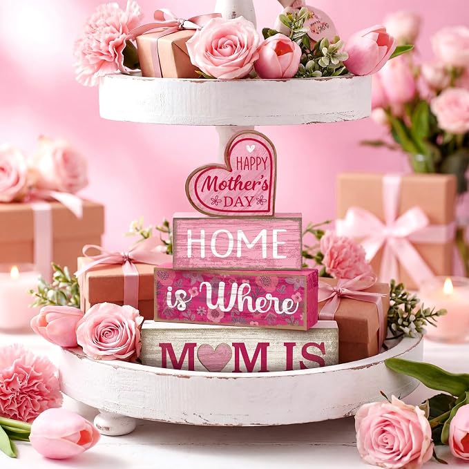 Lineshading 4 Pcs Wooden Block Signs Mothers Day Farmhouse Tabletop Decor | Stackable Tiered Tray Decor for Mom, Rustic Table Centerpiece Gift, Floral Wooden Pieces, Kitchen Shelf Farmhouse Accent