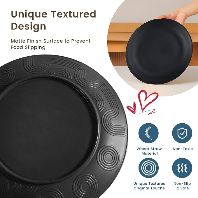 24-Piece Wheat Straw Dinnerware Sets,Service for 6 - Cups, Plates and Bowls Sets,Reusable Dishwasher and Microwave Safe Melamine Dinnerware Set for Home,Camping,RVs - Black