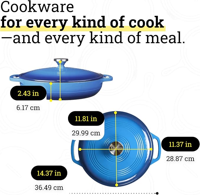 Lodge Essential Enamel Braiser 3.5 Quart - Refrigerator- & Oven-Safe up to 500° F - Heat-Retaining, Induction-Safe & PFAS-Free Enamel Cookware - Caribbean Blue