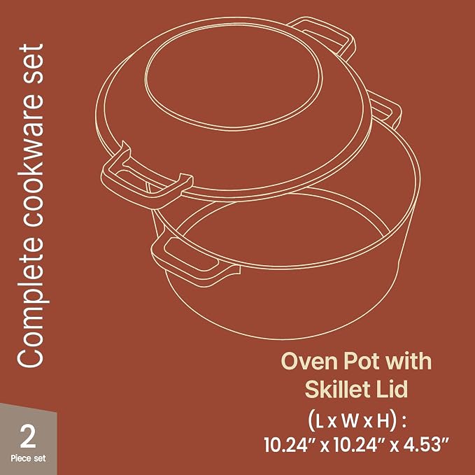 Bakken 2-in-1 Cast Iron Dutch Oven Pot with Skillet Lid, 5QT Pre-Seasoned Dutch Oven for Bread Baking, Roasting & Campfire Cooking, Heavy-Duty Indoor & Outdoor Use with Easy-Grip Dual Handles