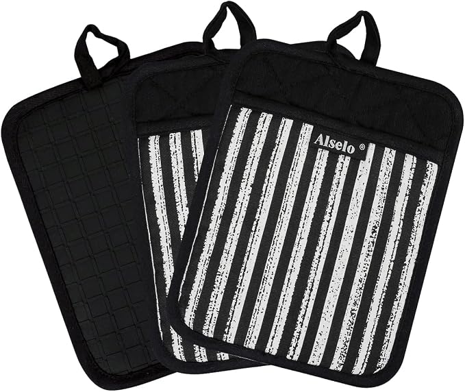 Alselo Silicone Pot Holders Set of 3 Heat Resistant & Non Slip Potholders | Professional Oven Hot Pads with Pockets Mitts for Kitchen Cooking Baking Barbecue (Black, 3)