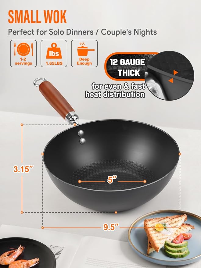 Carbon Steel Wok Pan, Flat Bottom Small Wok | Authentic Chinese Stir-Fry Pans Set with Glass Lid, 1.65lb Lightweight, Small Wok for 1-2 Servings. Wok with Lid