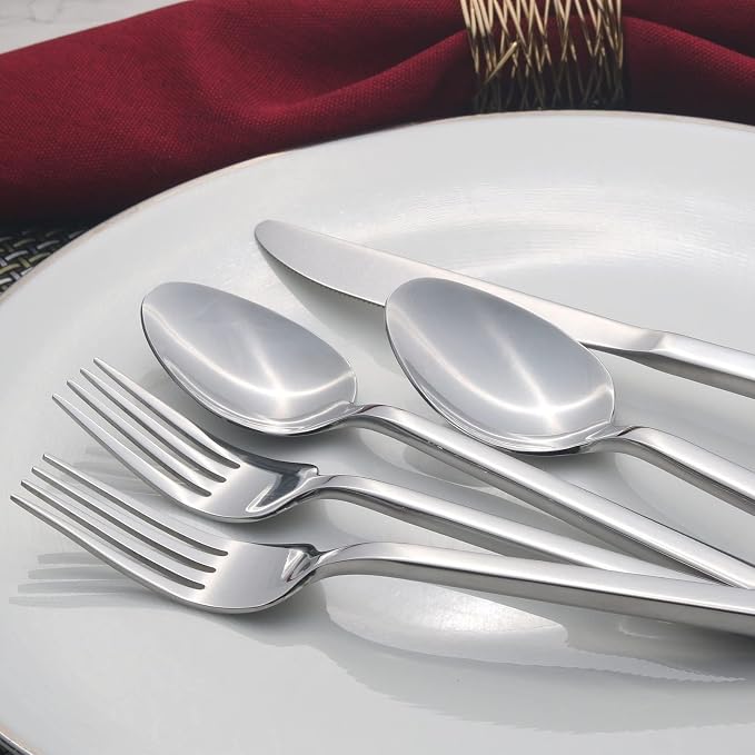 Alata Cube 60-Piece Forged Stainless Steel Flatware Set Cutlery Set, Silverware Set Service for 12, Mirror Finish, Dishwasher Safe