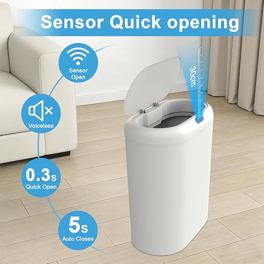 Naisu 4 Gallon Automatic Sensor Trash Can with Lid, 2 Pack Sealed Slim Design Waterproof Bathroom & Kitchen Garbage Bin, Motion Sensor Technology, Ideal for Small Spaces (White)