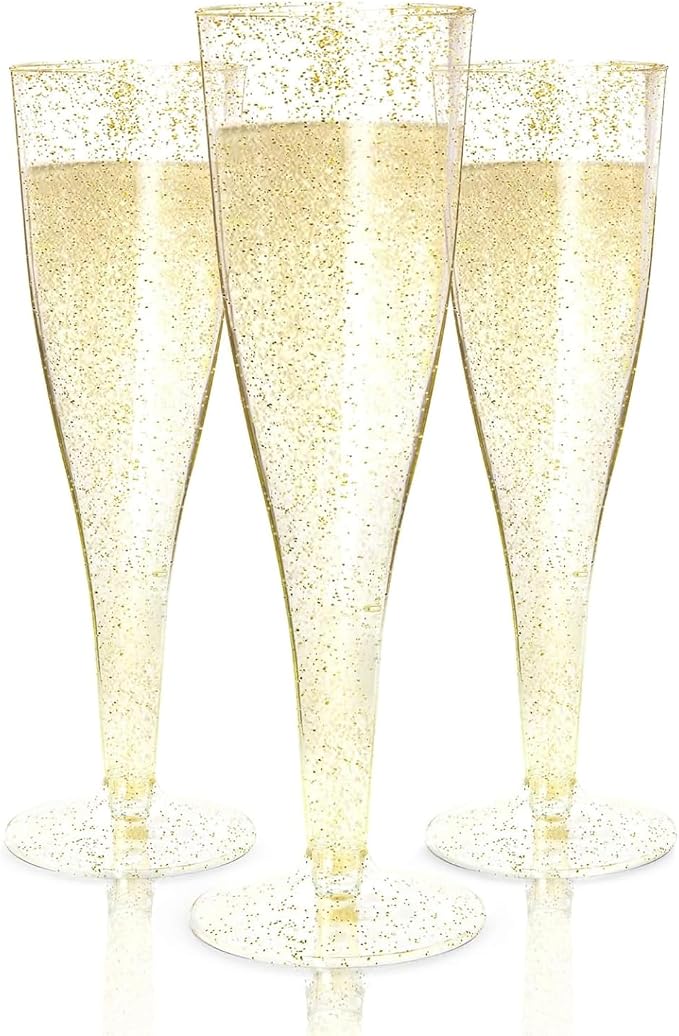 Prestee 200 Disposable Champagne Flutes Gold Glitter Glasses - 4.5 Oz Plastic Champagne Cups for Parties, Wedding Toasts, Mimosa Bar, and New Year’s Eve - Elegant Bulk Gold Plastic Wine Flutes | Disposable