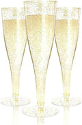 Prestee 200 Disposable Champagne Flutes Gold Glitter Glasses - 4.5 Oz Plastic Champagne Cups for Parties, Wedding Toasts, Mimosa Bar, and New Year’s Eve - Elegant Bulk Gold Plastic Wine Flutes | Disposable